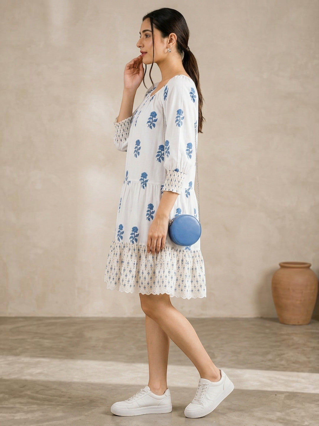 funky white floral print round neck dress