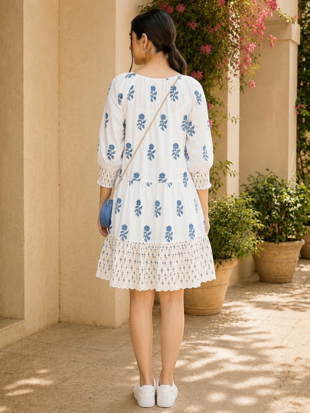funky white floral print round neck dress