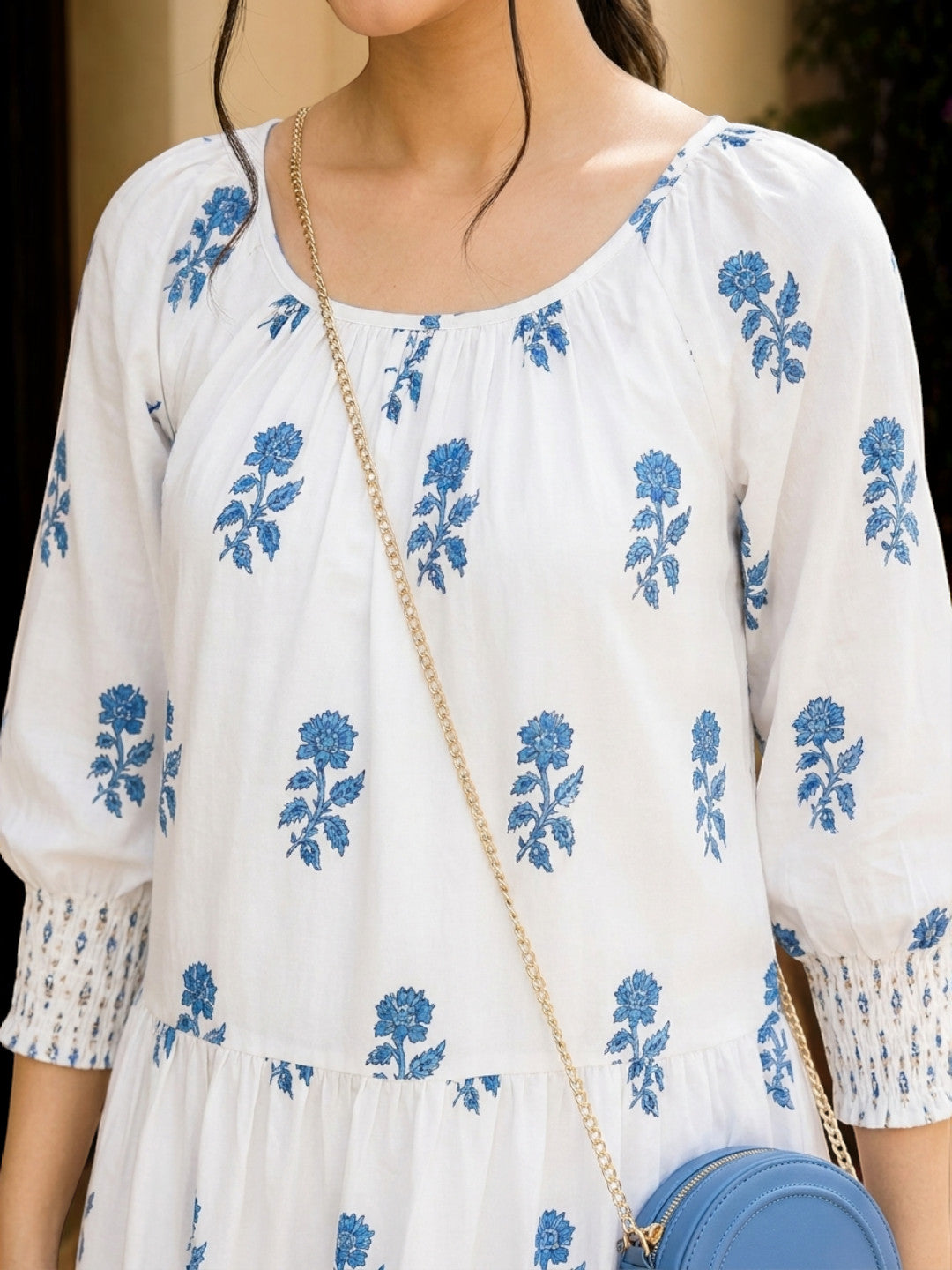 funky white floral print round neck dress