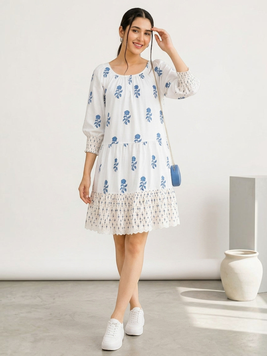 funky white floral print round neck dress