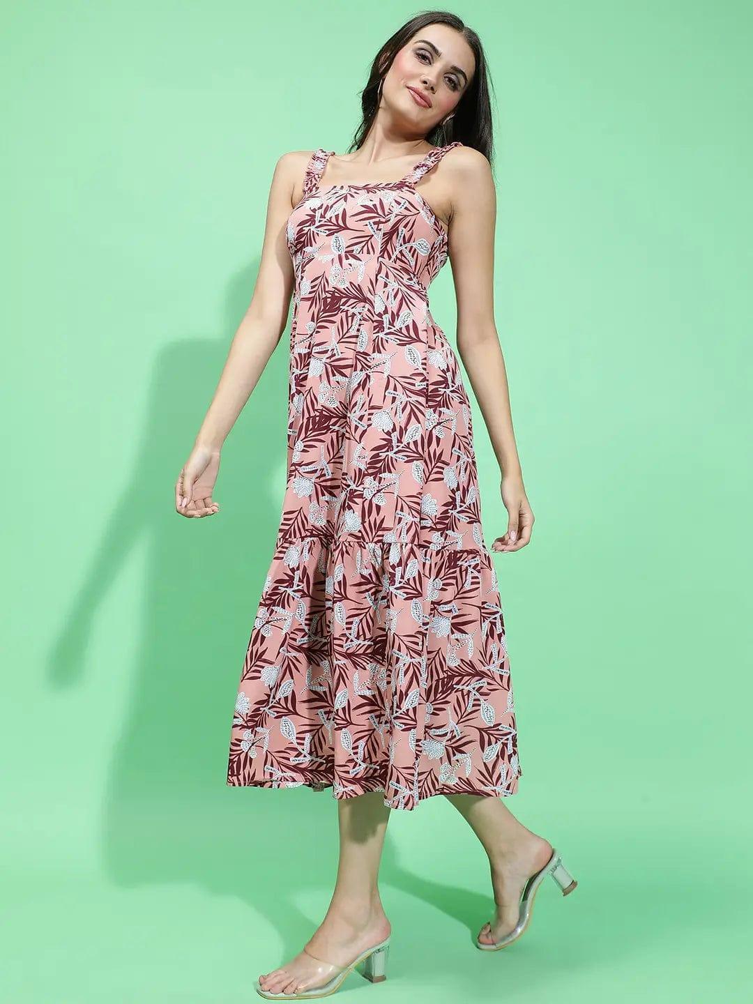 Multicolor Floral Print Square Neck Shoulder Strap Long Women Dress - oxolloxo