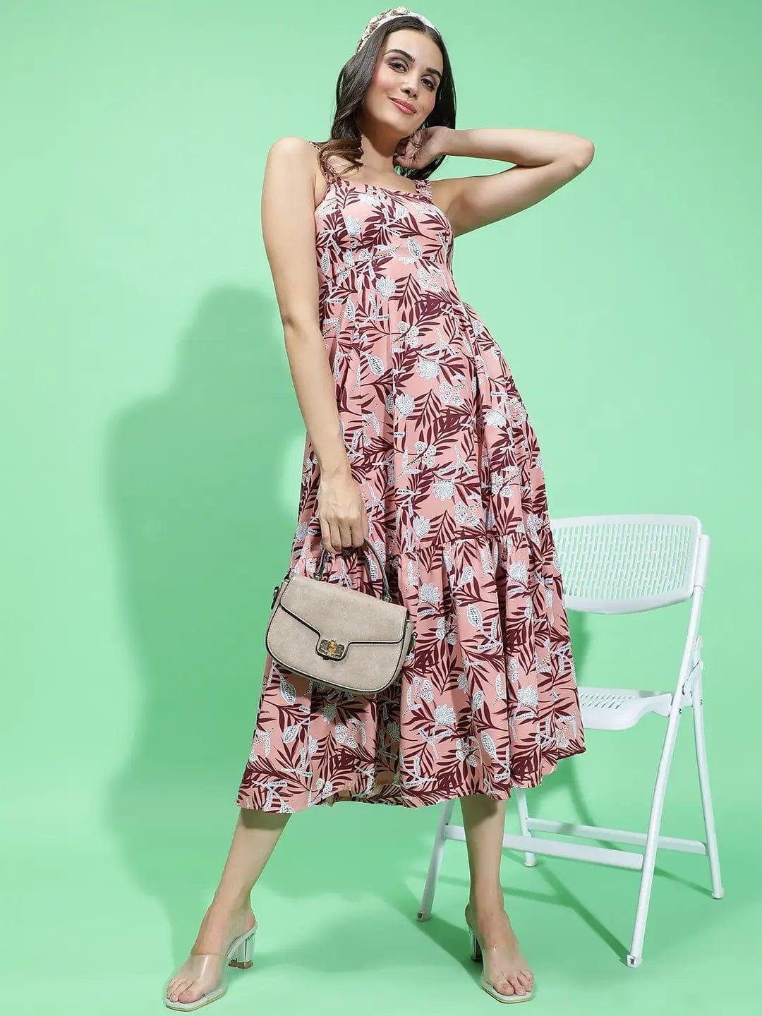 Multicolor Floral Print Square Neck Shoulder Strap Long Women Dress - oxolloxo