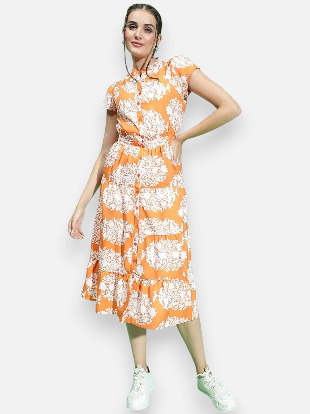 Orange Tropical Print Dress