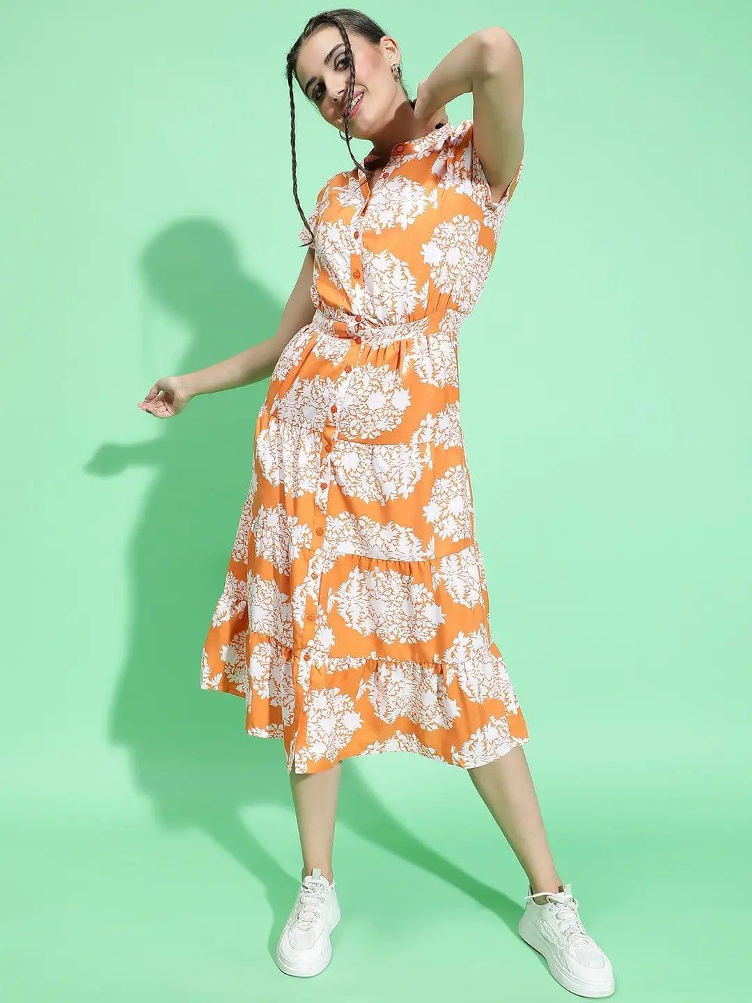 Orange Tropical Print Button Down Detail Women Dress - oxolloxo