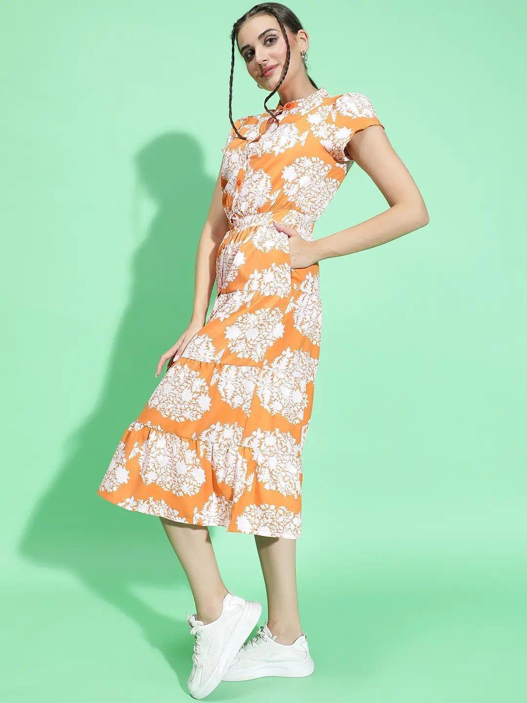 Orange Tropical Print Button Down Detail Women Dress - oxolloxo