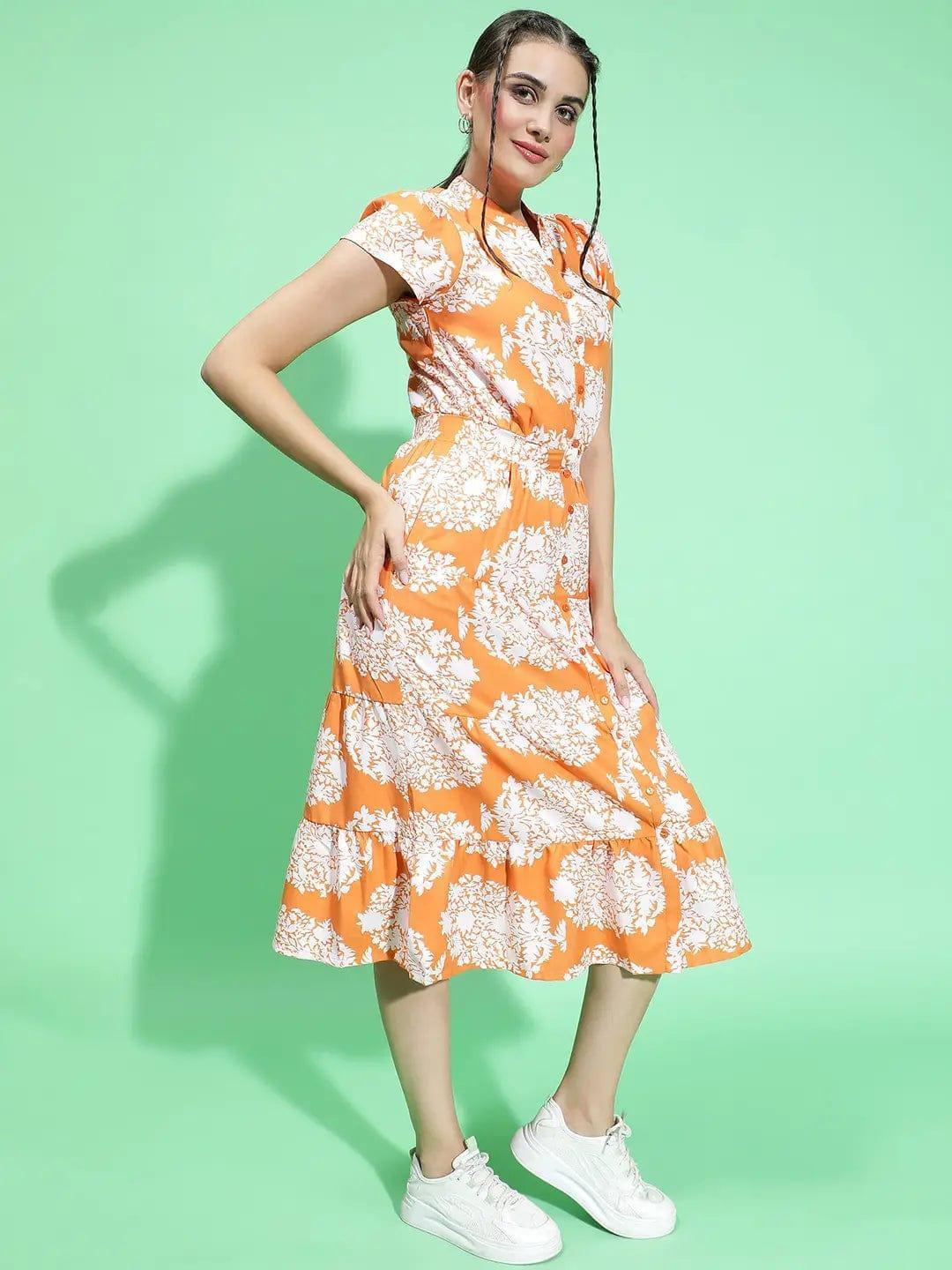 Orange Tropical Print Button Down Detail Women Dress - oxolloxo