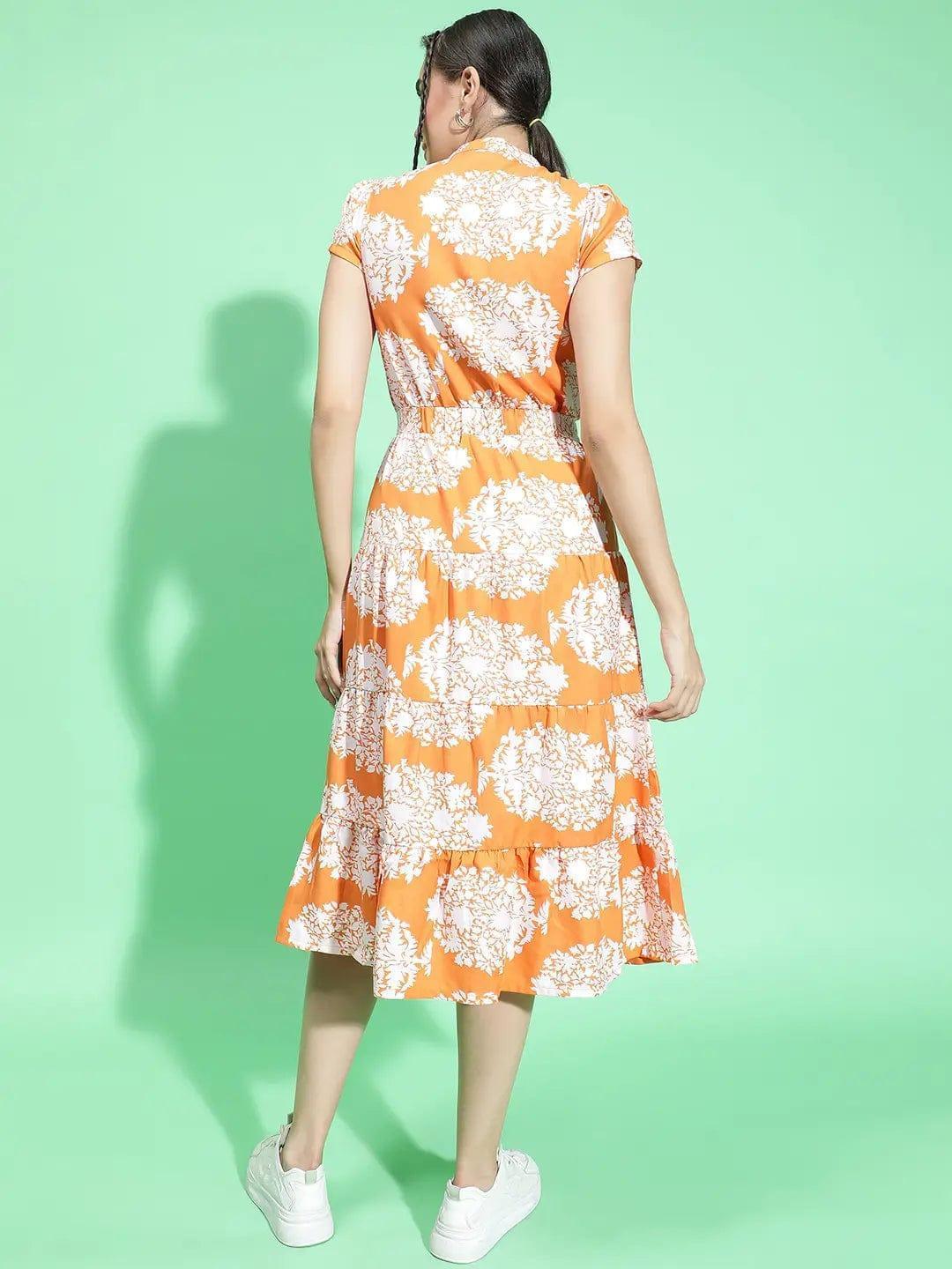 Orange Tropical Print Button Down Detail Women Dress - oxolloxo