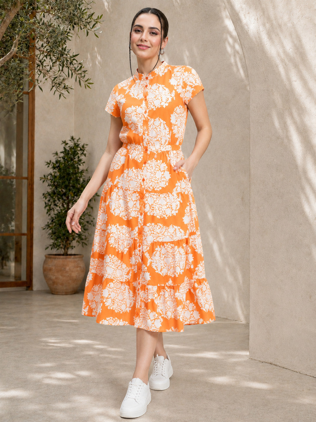 orange tropical print dress