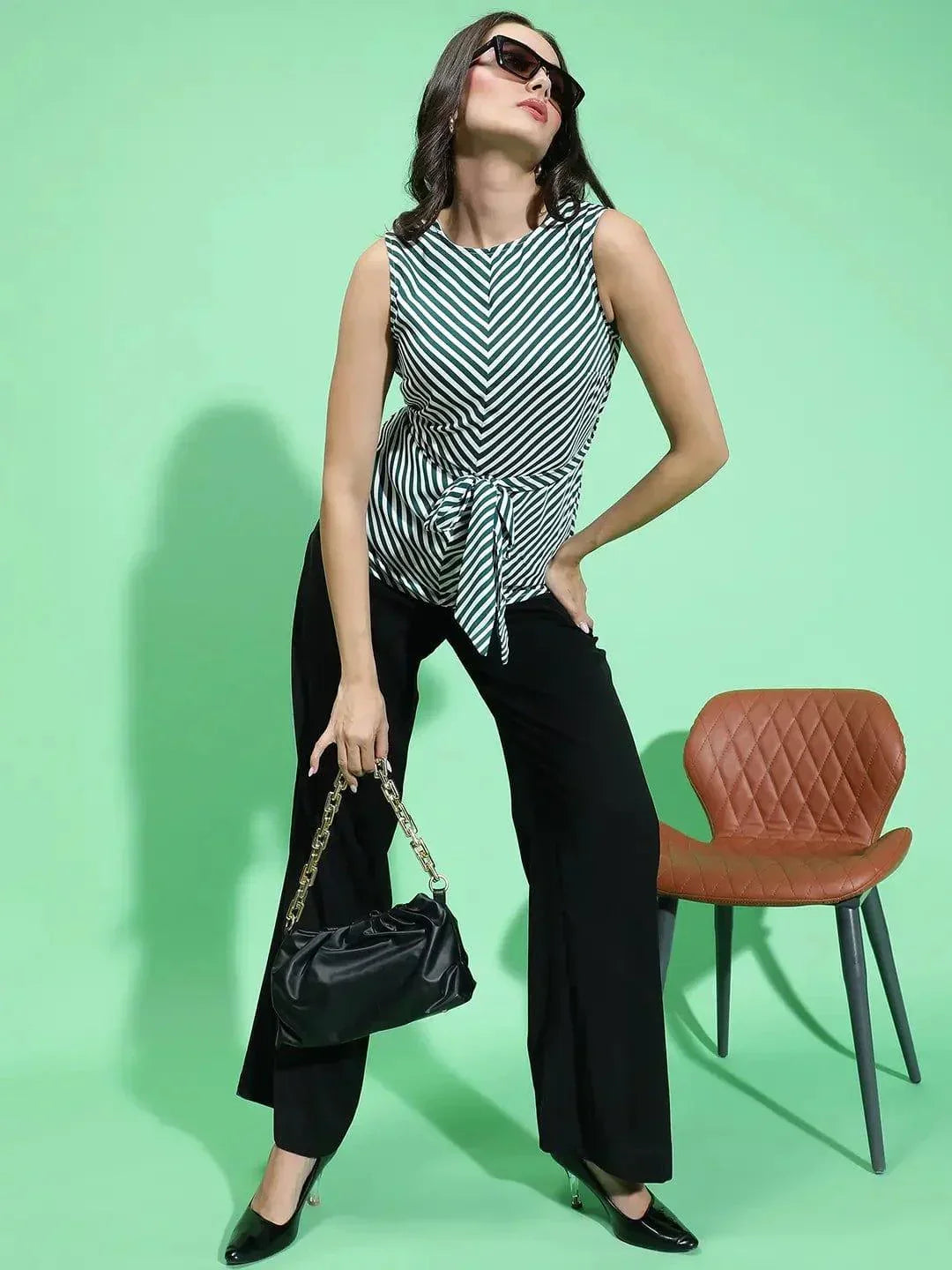 Petal Green Stripe Print Sleeveless Waist Belt Peplum Top - oxolloxo