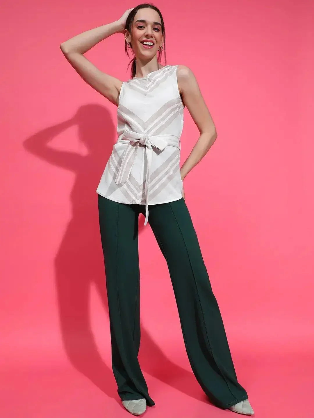 Sizzling Grey Stripe Print Sleeveless Waist Belt Peplum Top - oxolloxo