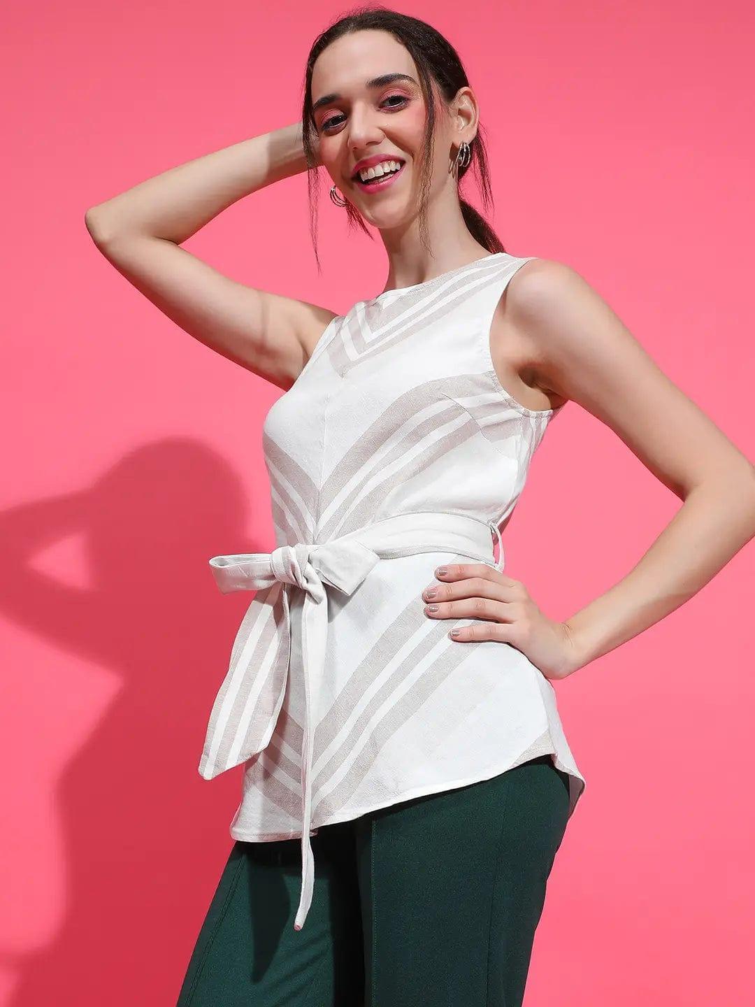 Sizzling Grey Stripe Print Sleeveless Waist Belt Peplum Top - oxolloxo