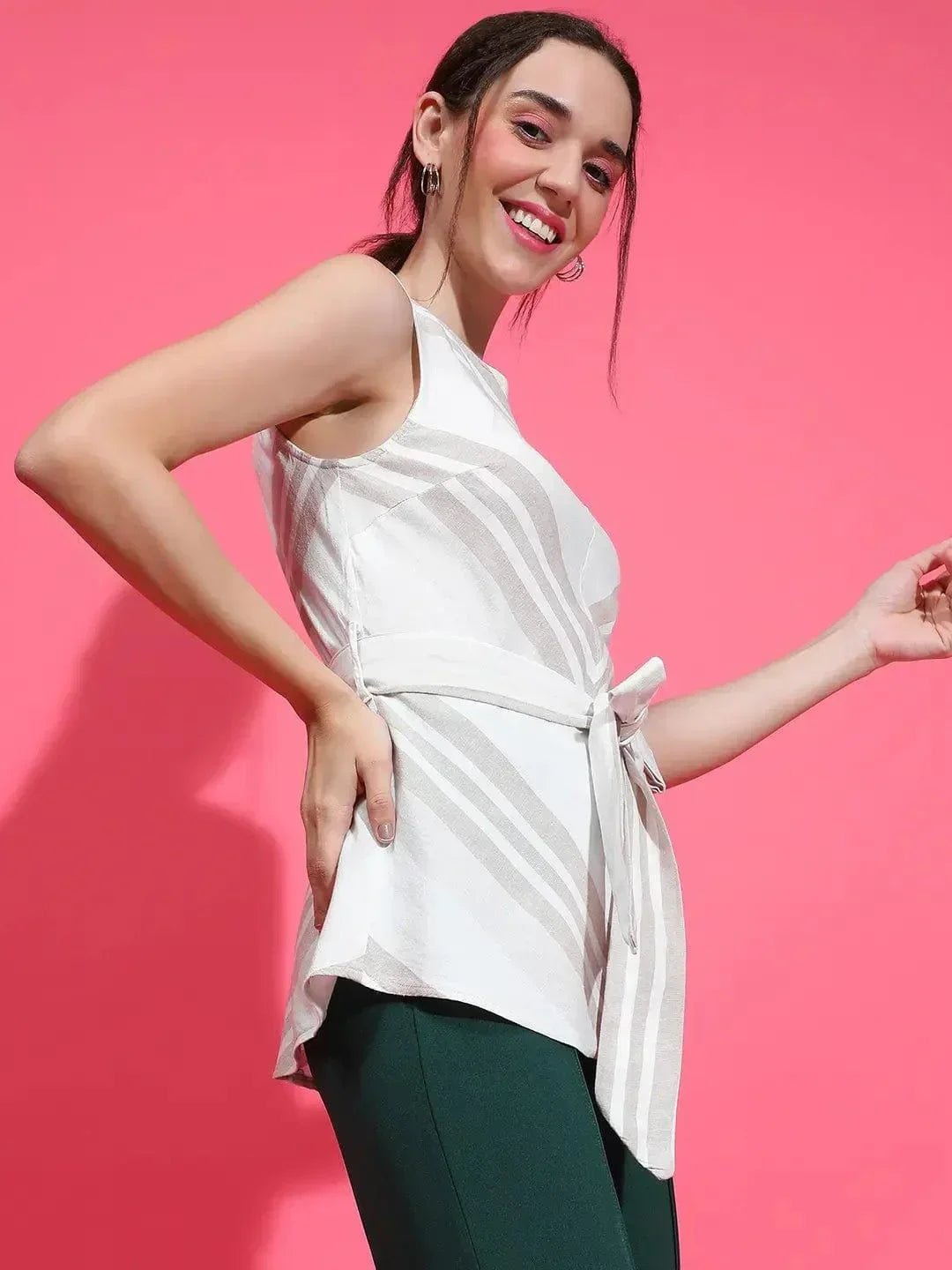 Sizzling Grey Stripe Print Sleeveless Waist Belt Peplum Top - oxolloxo