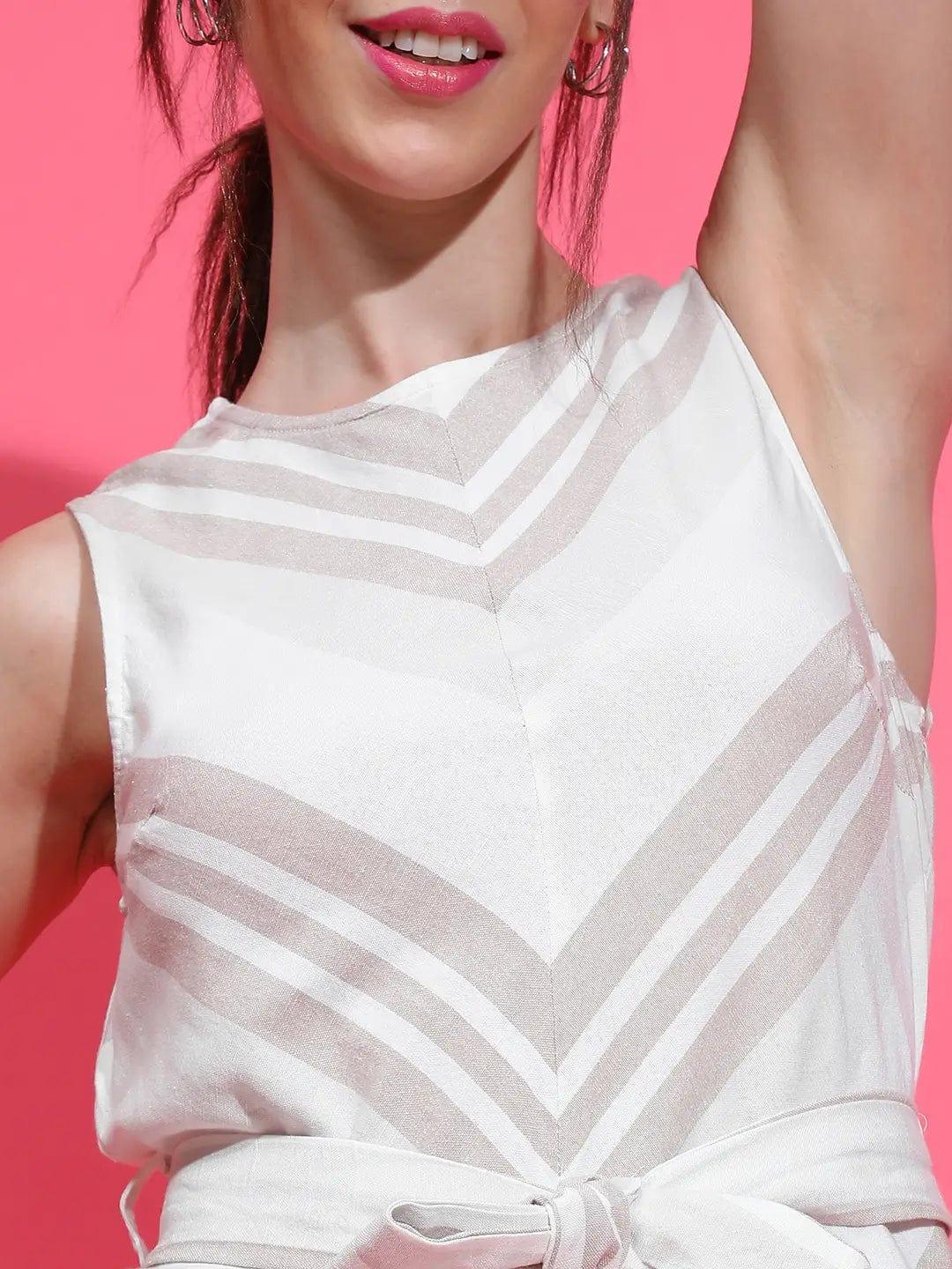 Sizzling Grey Stripe Print Sleeveless Waist Belt Peplum Top - oxolloxo