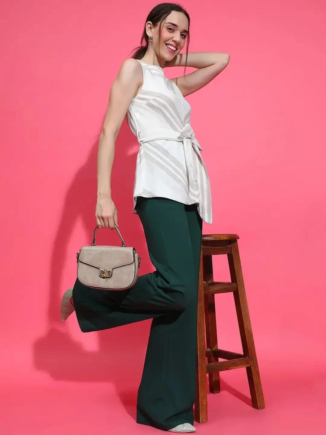 Sizzling Grey Stripe Print Sleeveless Waist Belt Peplum Top - oxolloxo