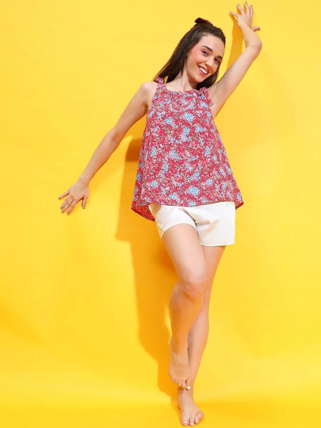 Multicolor Floral Print Sleeveless Nightwear Women Top - oxolloxo