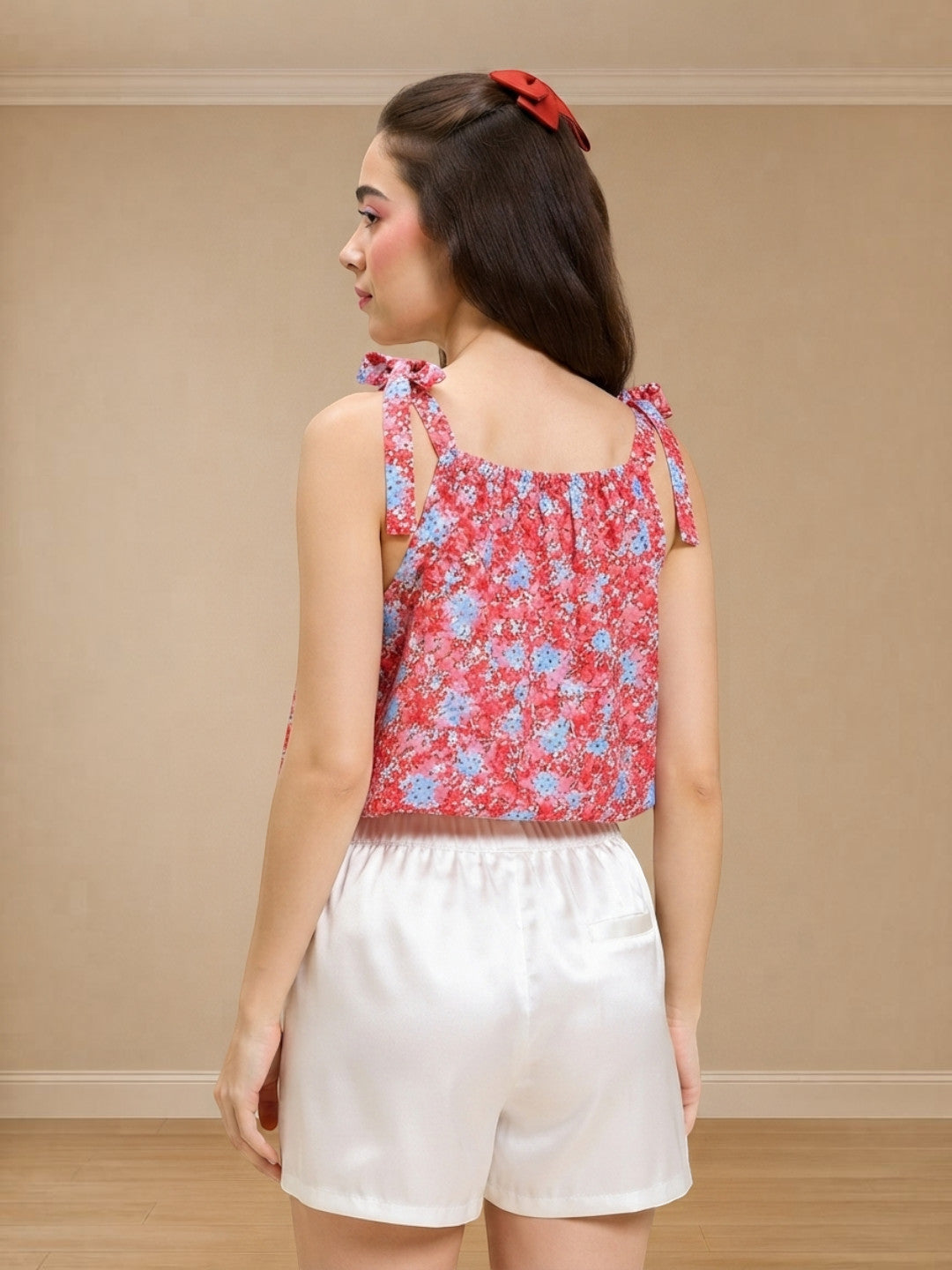 Floral print tie-shoulder top with white shorts, women's fashion outfit
