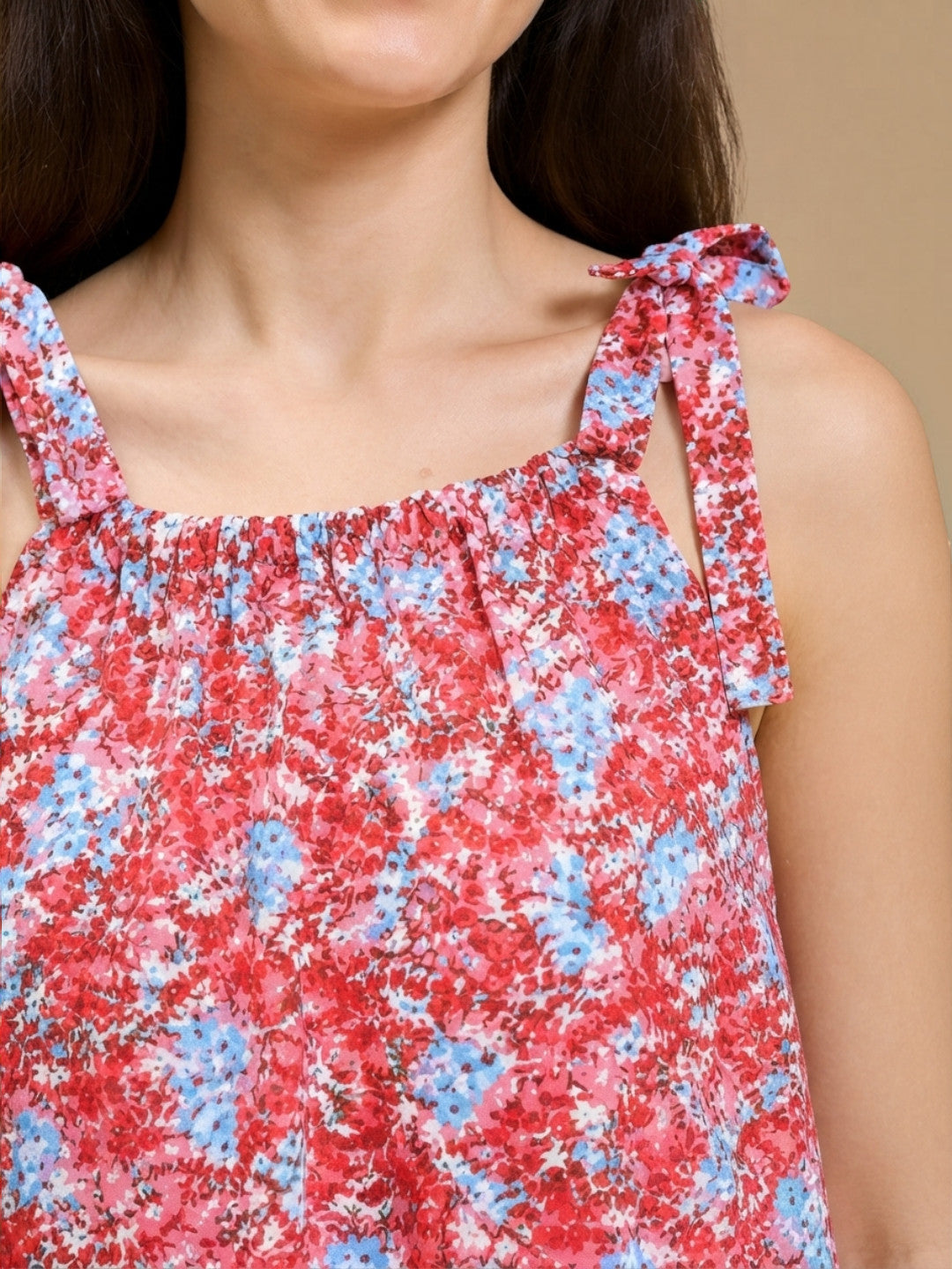 Floral print women's top with tie shoulder straps, red and blue pattern, plus size fashion