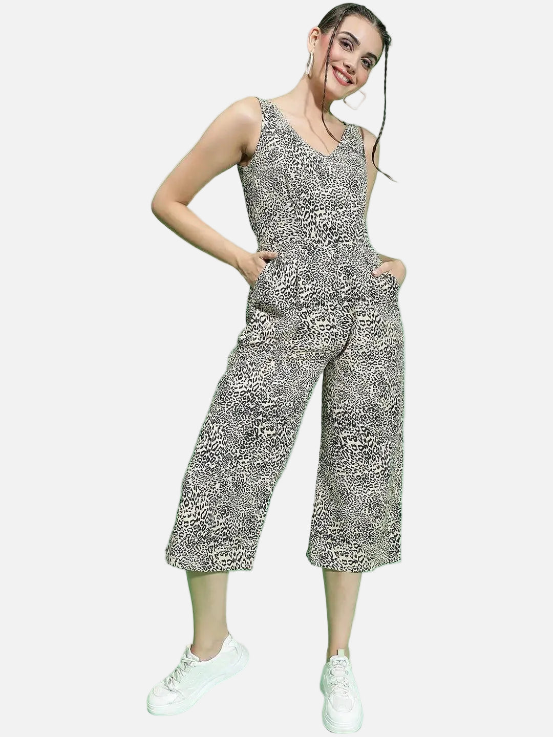 Animal Print V-Neck Sleeveless Strappy Women Jumpsuit - oxolloxo