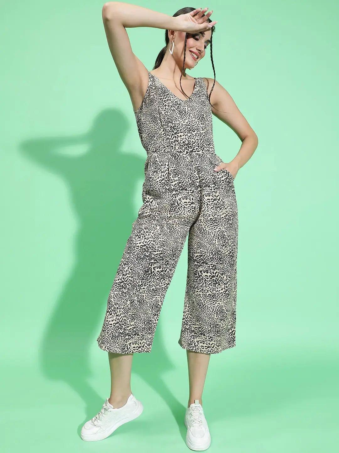 Animal Print V-Neck Sleeveless Strappy Women Jumpsuit - oxolloxo