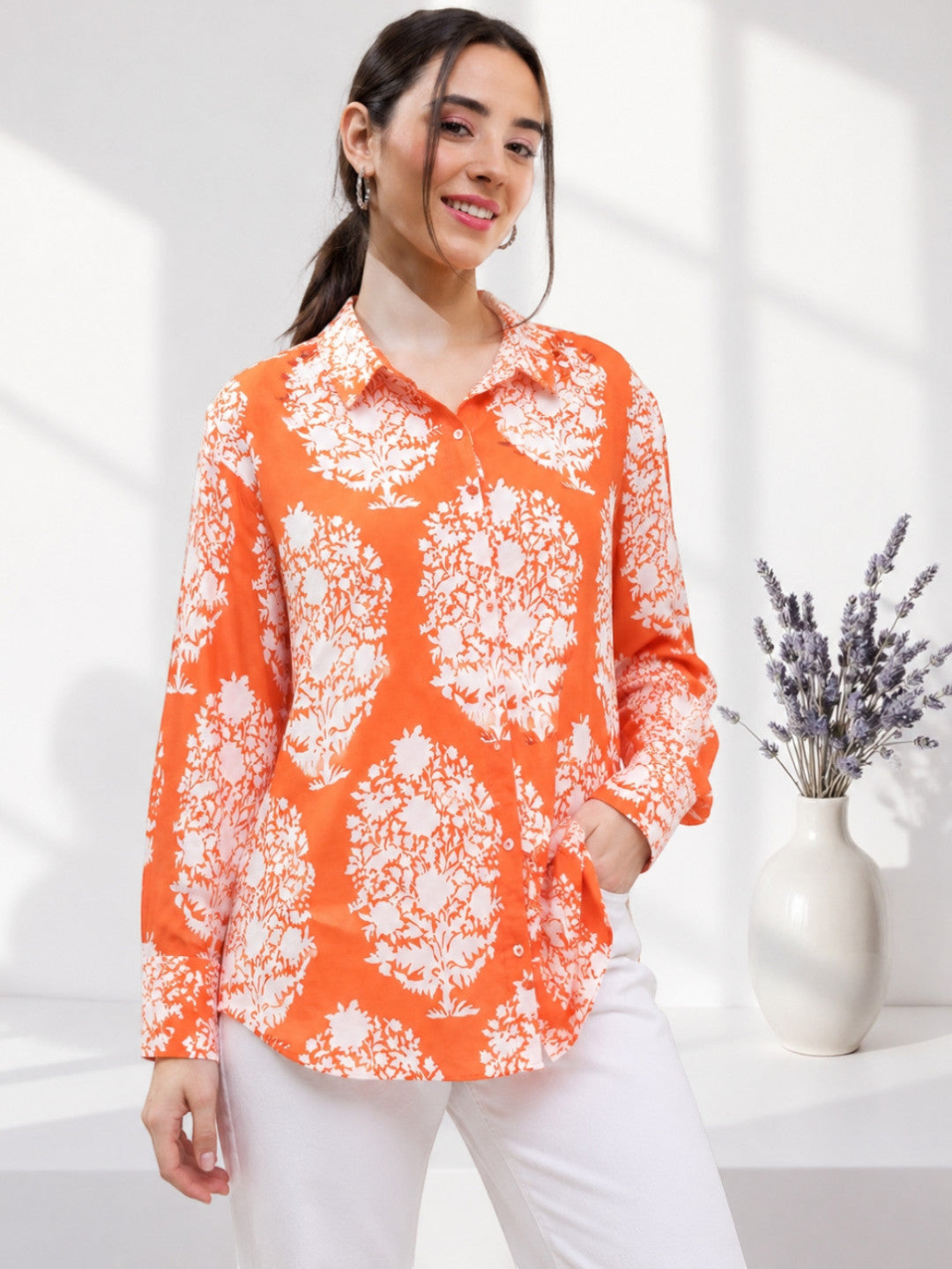 Orange Tropical Print Shirt