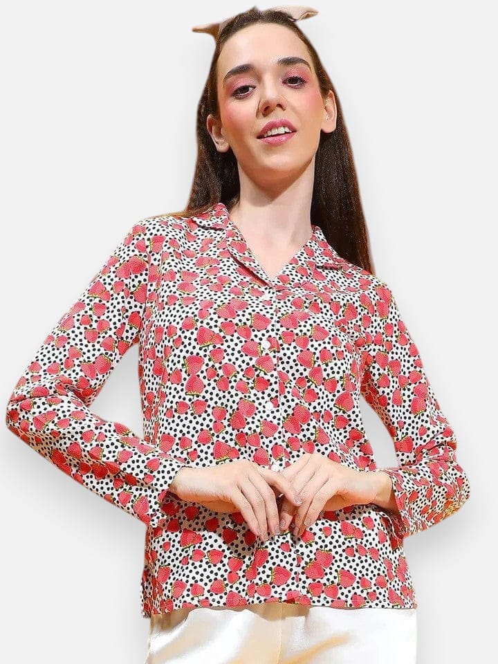 Red Floral Print Nightwear Polyester Shirt