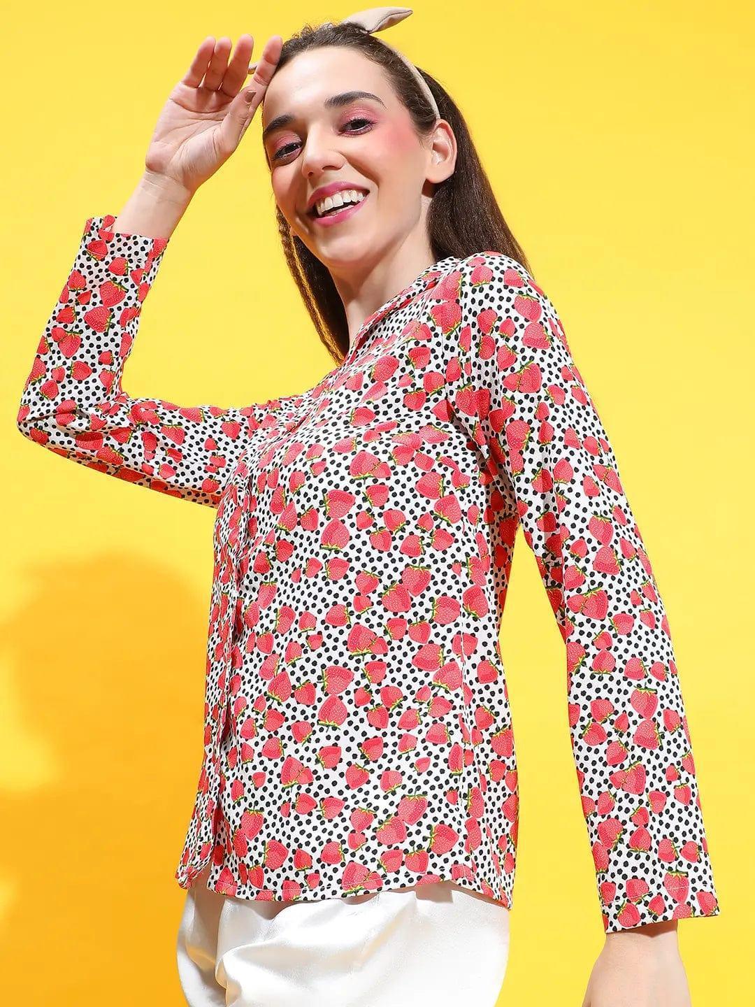 Electric Red Floral Print Long Sleeve Collared Nightwear Relaxed Shirts - oxolloxo
