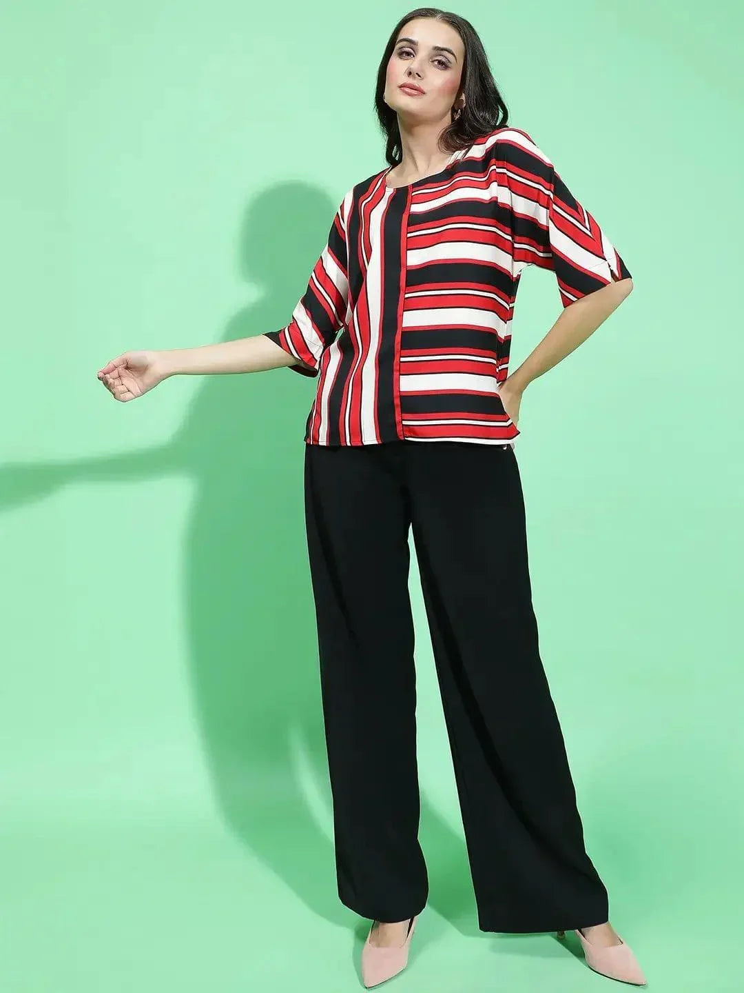 Youngly Multicolor Round Neck 3/4 Sleeve Stripe Print Top - oxolloxo