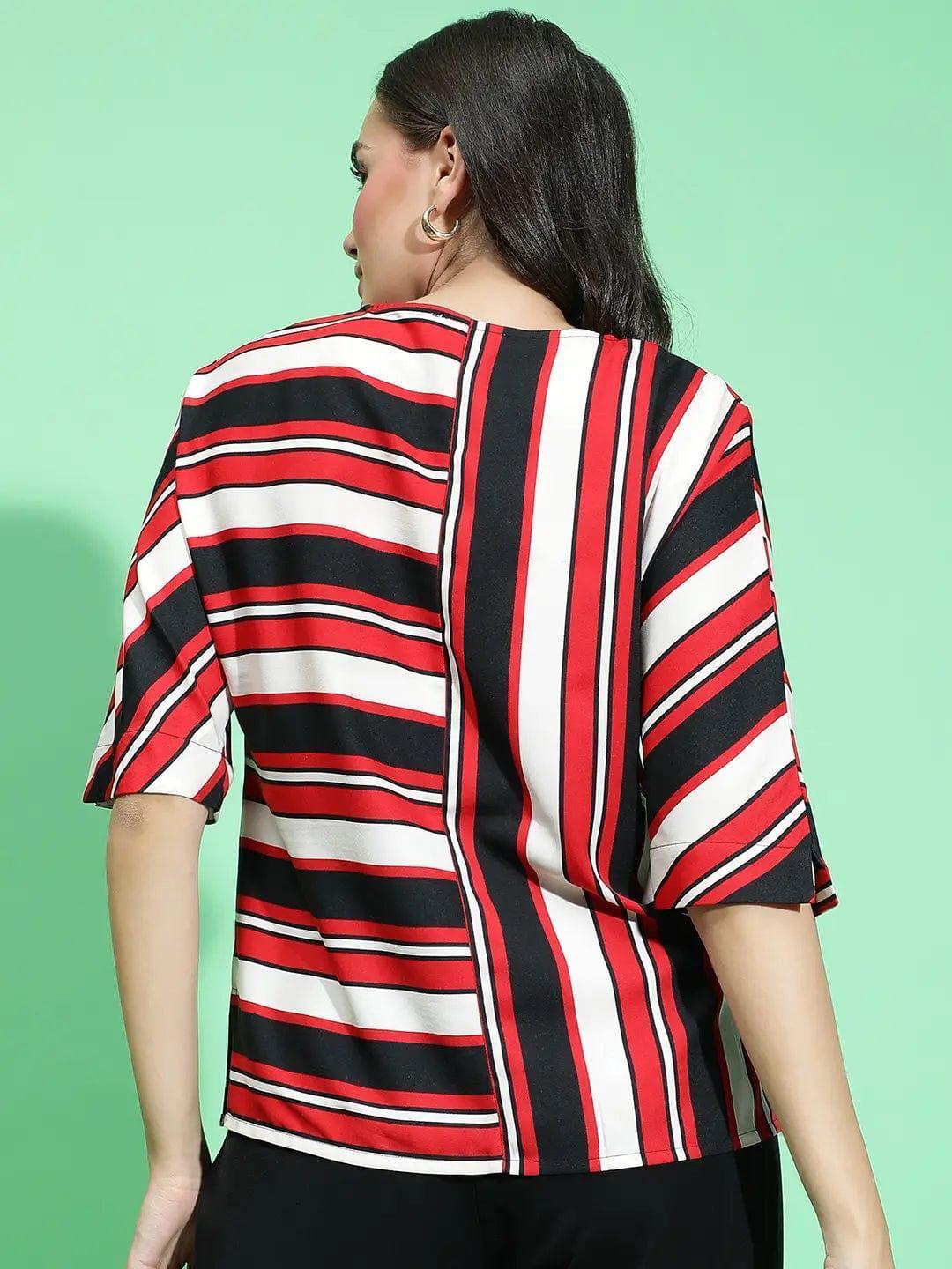 Youngly Multicolor Round Neck 3/4 Sleeve Stripe Print Top - oxolloxo