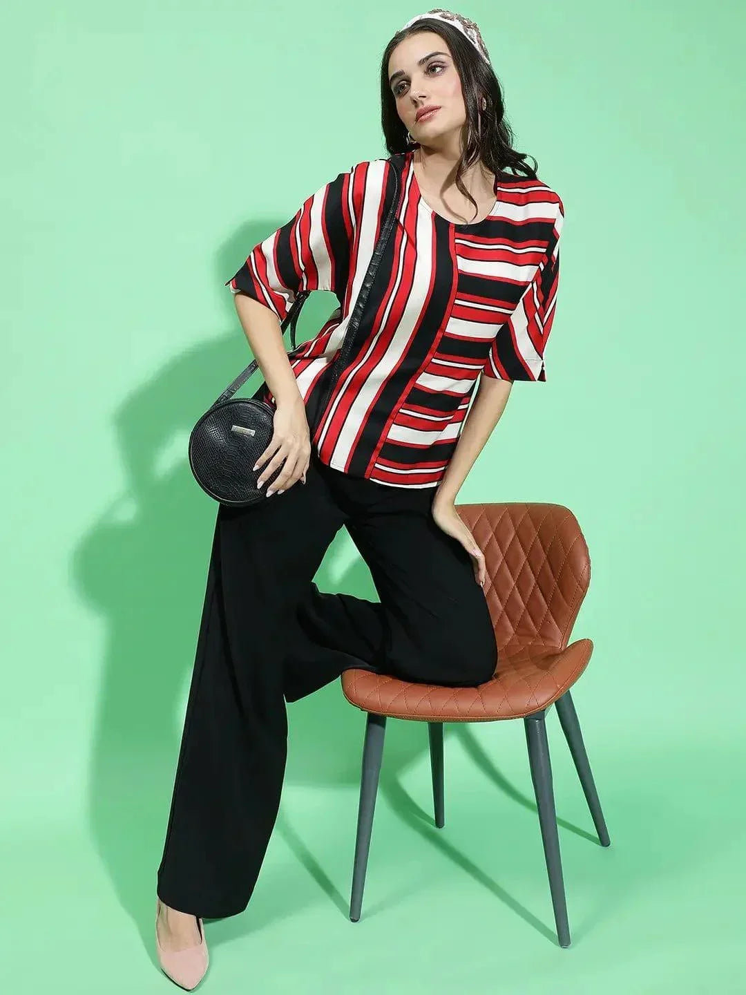 Youngly Multicolor Round Neck 3/4 Sleeve Stripe Print Top - oxolloxo