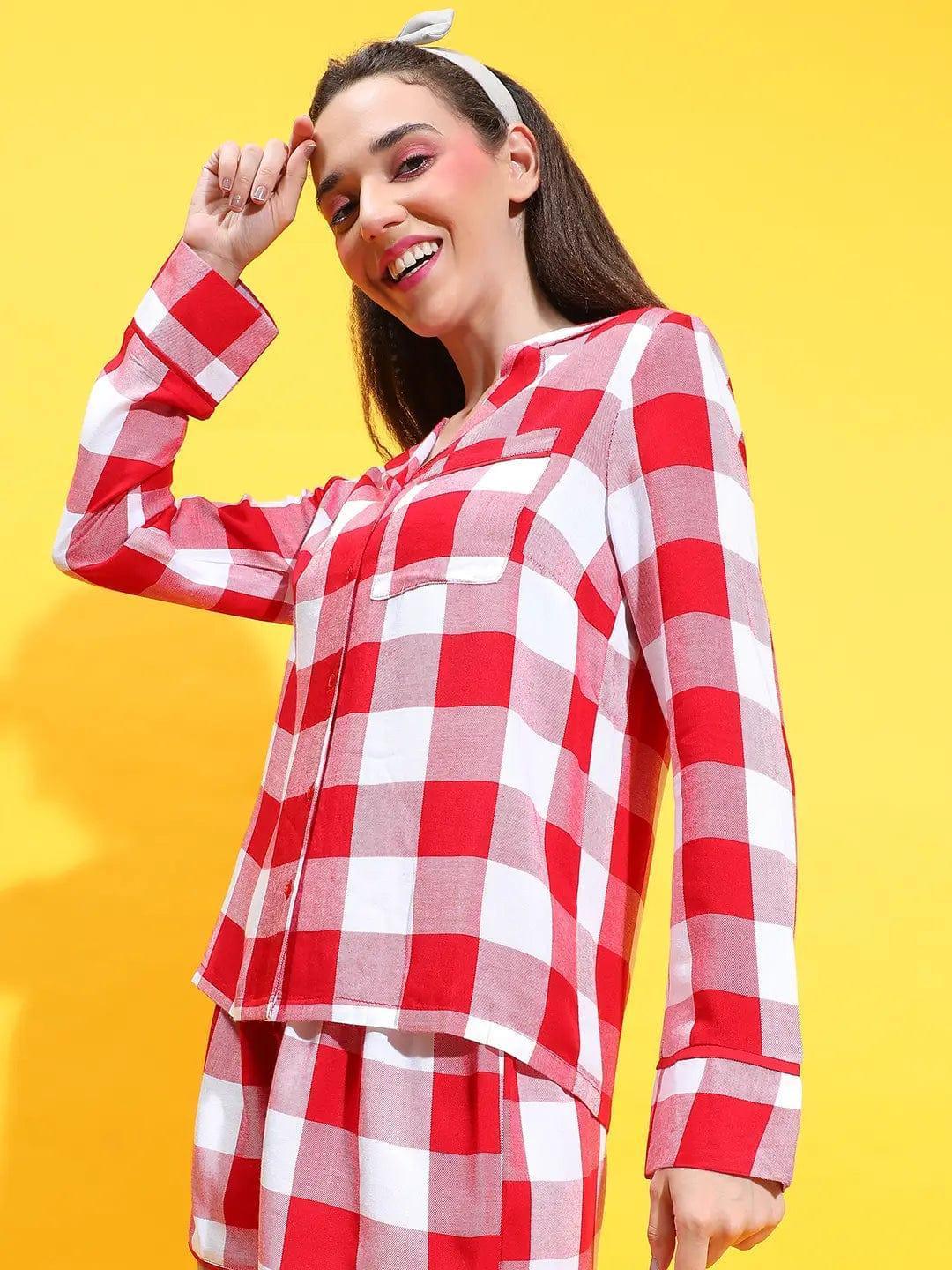 Modern Red Long Sleeve Nightwear Women Relaxed Shirts For Comfort - oxolloxo