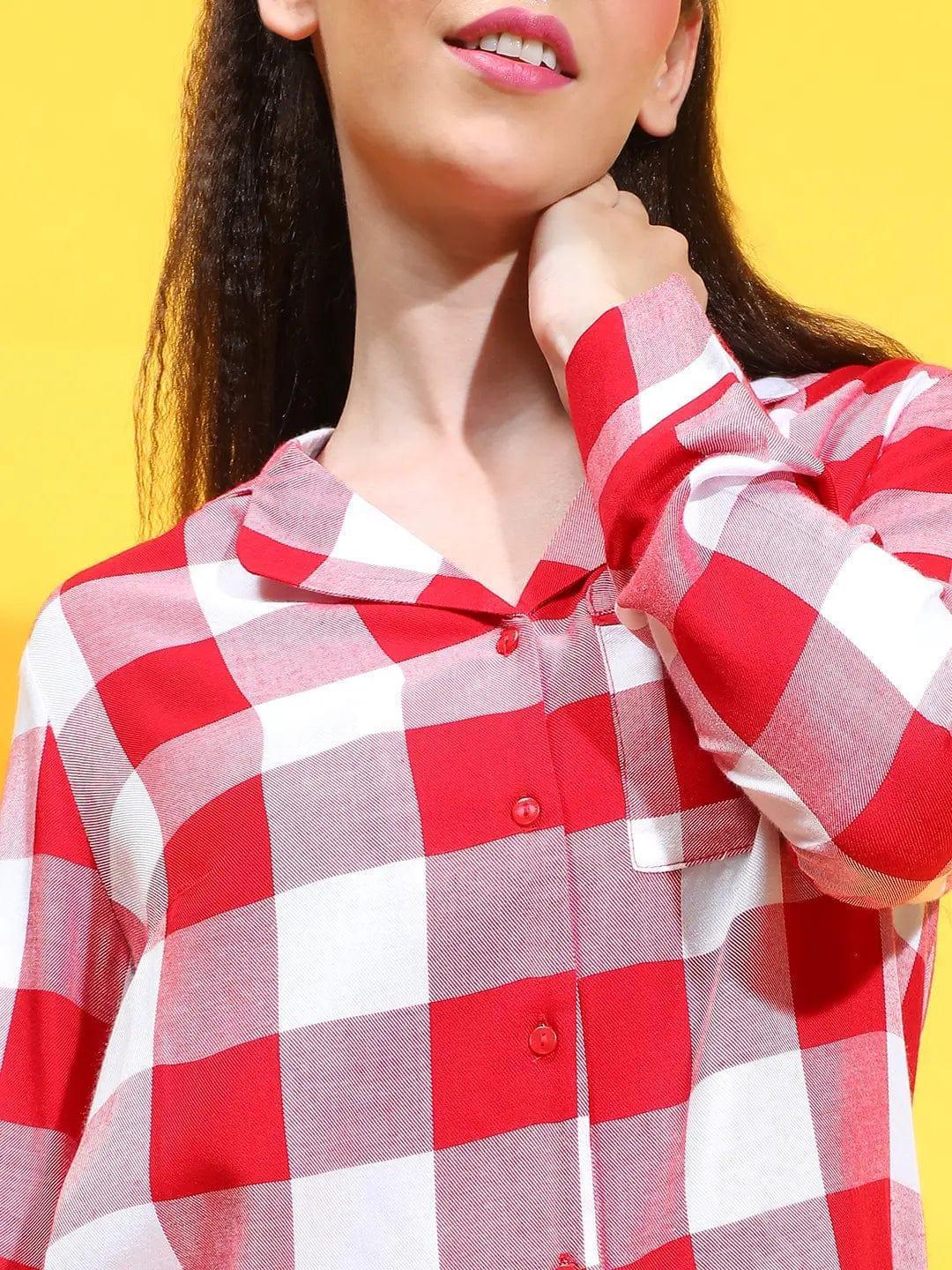 Modern Red Long Sleeve Nightwear Women Relaxed Shirts For Comfort - oxolloxo