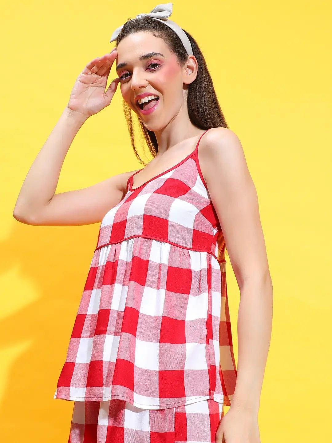 Red Long Sleeveless Strappy Nightwear Cami Women Top For Relaxation - oxolloxo