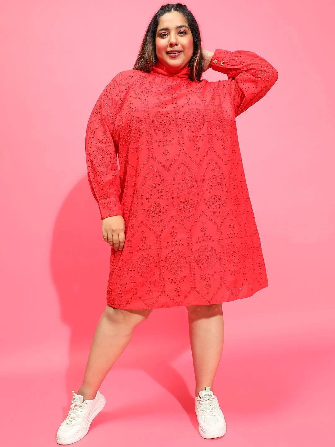 Cardinal Red Long Sleeve Laced Up Women Plus Size Curvy Dress - oxolloxo