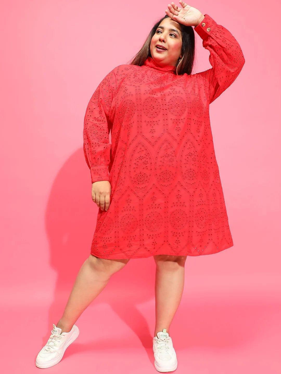 Cardinal Red Long Sleeve Laced Up Women Plus Size Curvy Dress - oxolloxo
