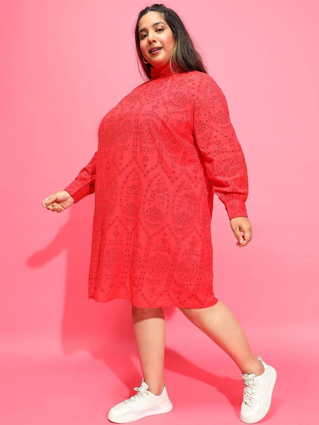 Cardinal Red Long Sleeve Laced Up Women Plus Size Curvy Dress - oxolloxo