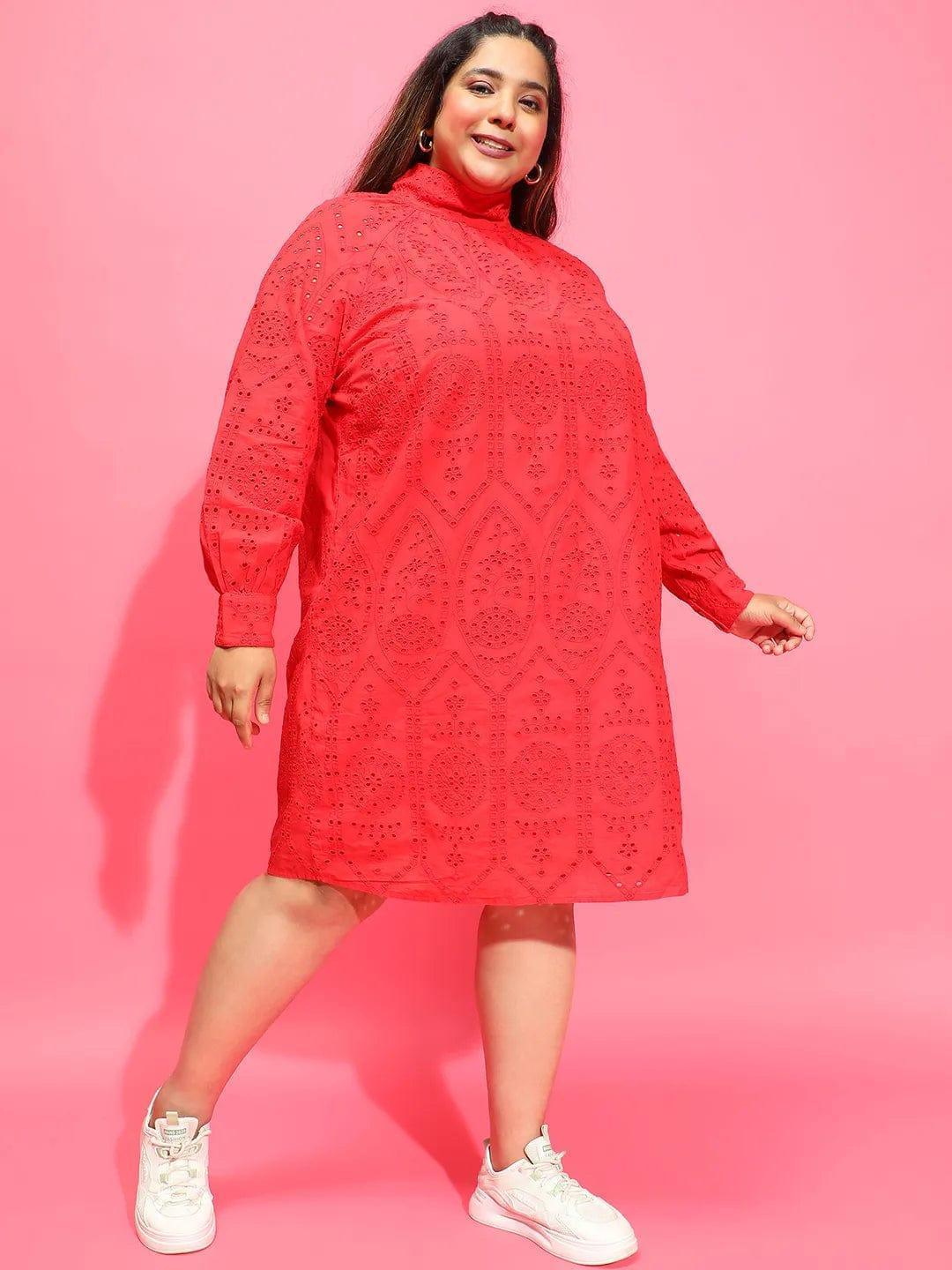Cardinal Red Long Sleeve Laced Up Women Plus Size Curvy Dress - oxolloxo