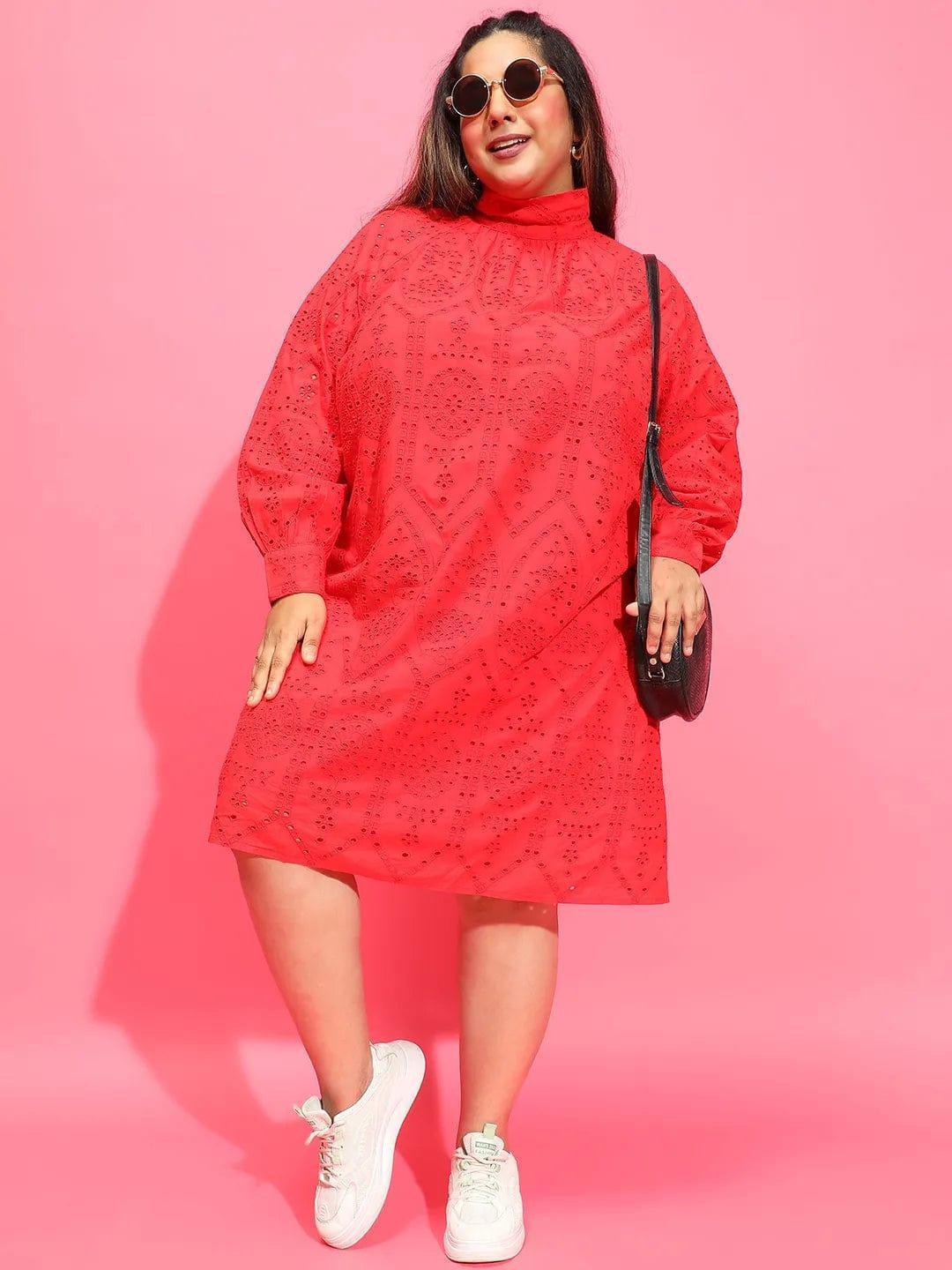 Cardinal Red Long Sleeve Laced Up Women Plus Size Curvy Dress - oxolloxo