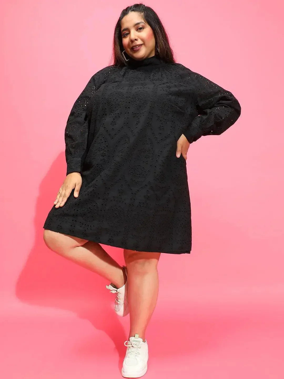 Trot Black Long Sleeve Laced Up Women Plus Size Curvy Dress - oxolloxo