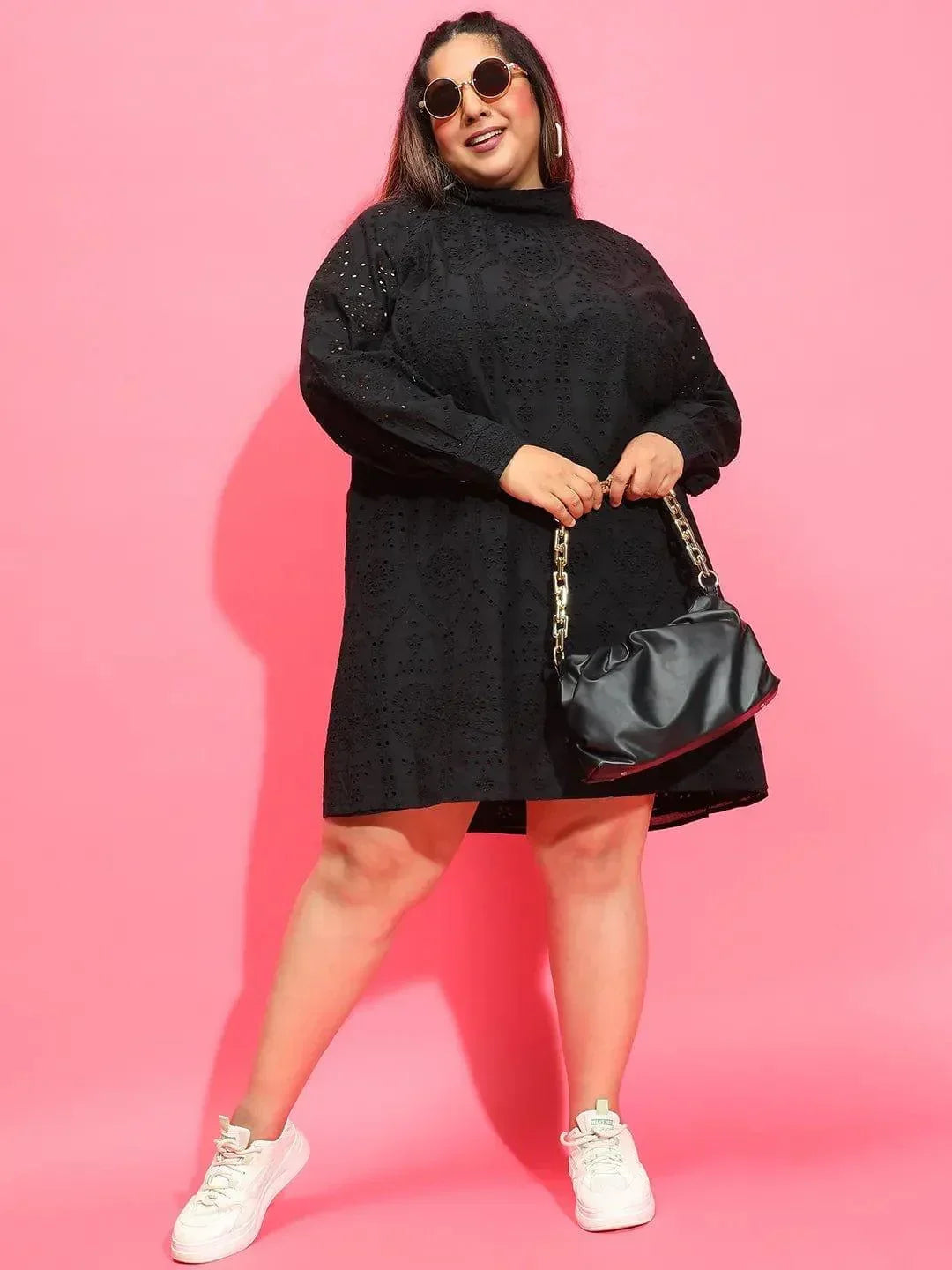 Trot Black Long Sleeve Laced Up Women Plus Size Curvy Dress - oxolloxo