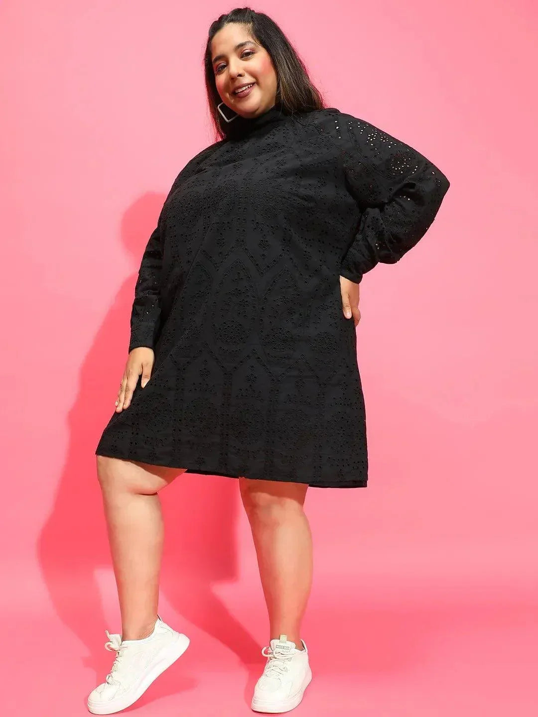 Trot Black Long Sleeve Laced Up Women Plus Size Curvy Dress - oxolloxo