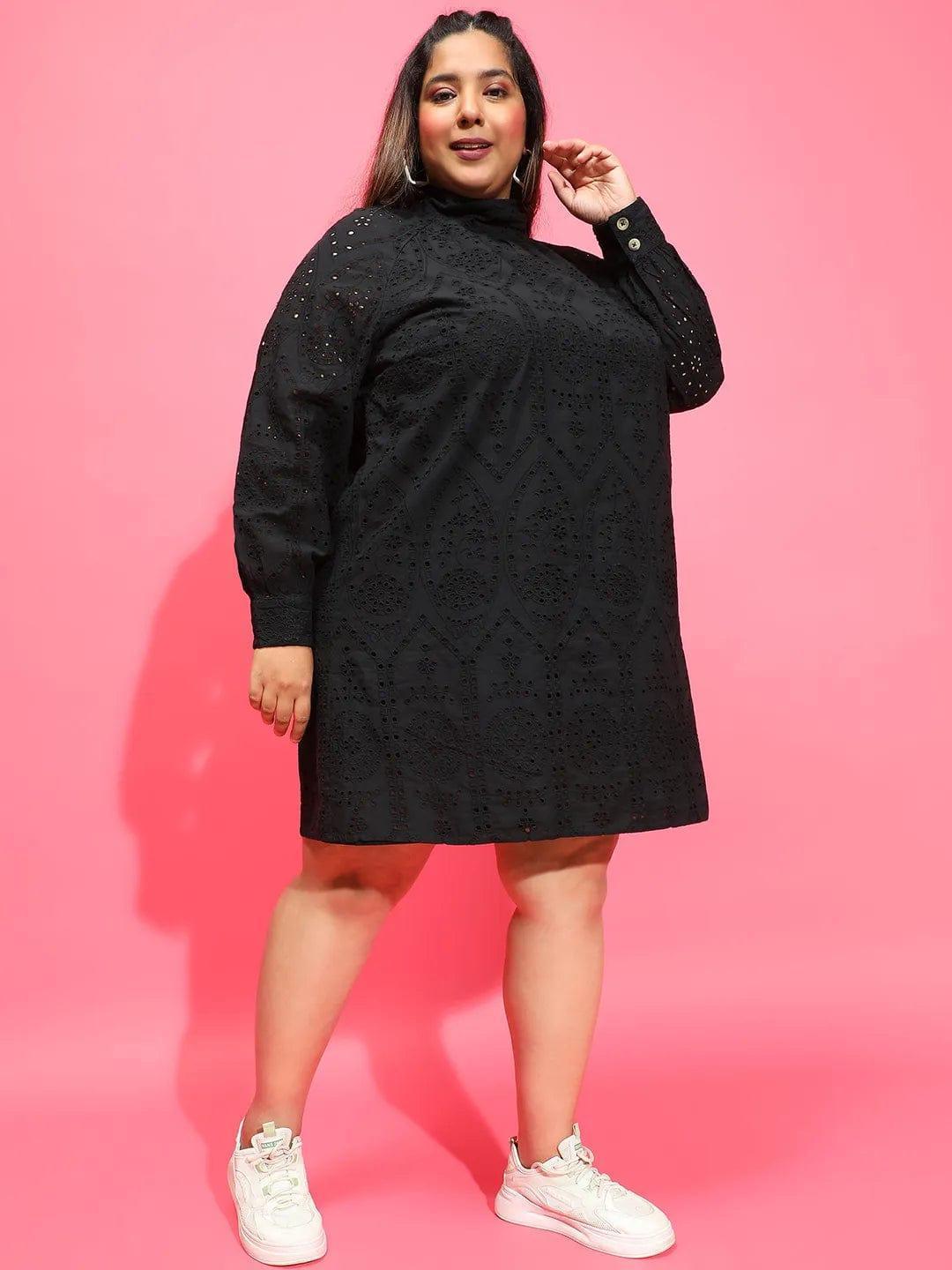 Trot Black Long Sleeve Laced Up Women Plus Size Curvy Dress - oxolloxo