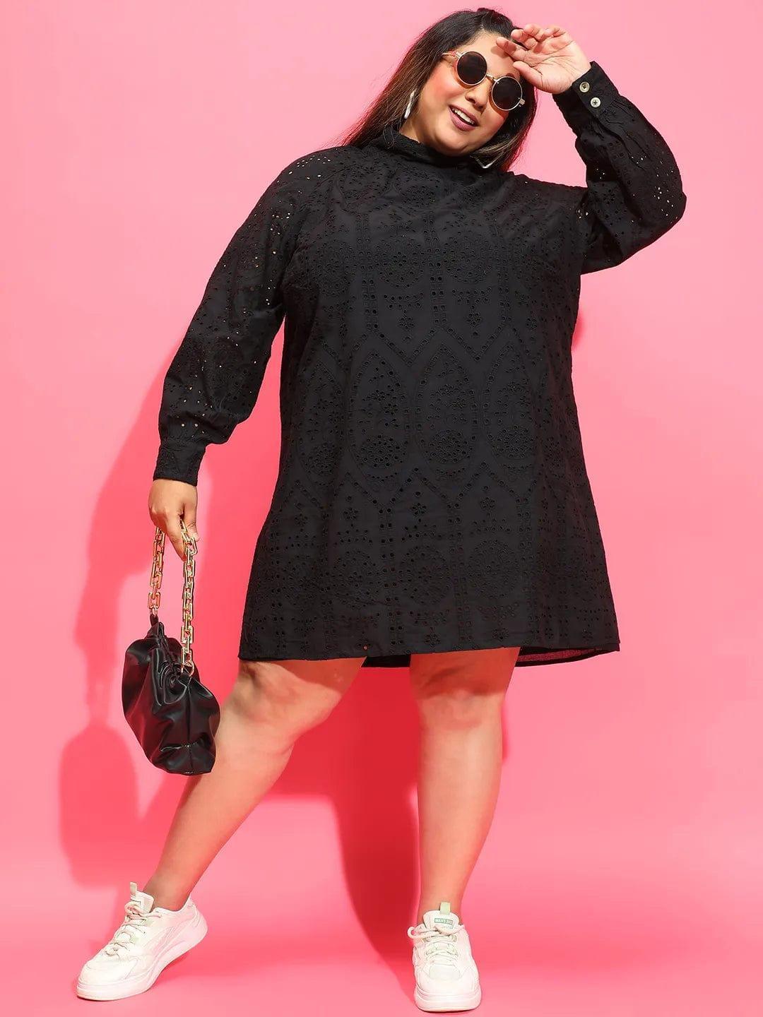 Trot Black Long Sleeve Laced Up Women Plus Size Curvy Dress - oxolloxo