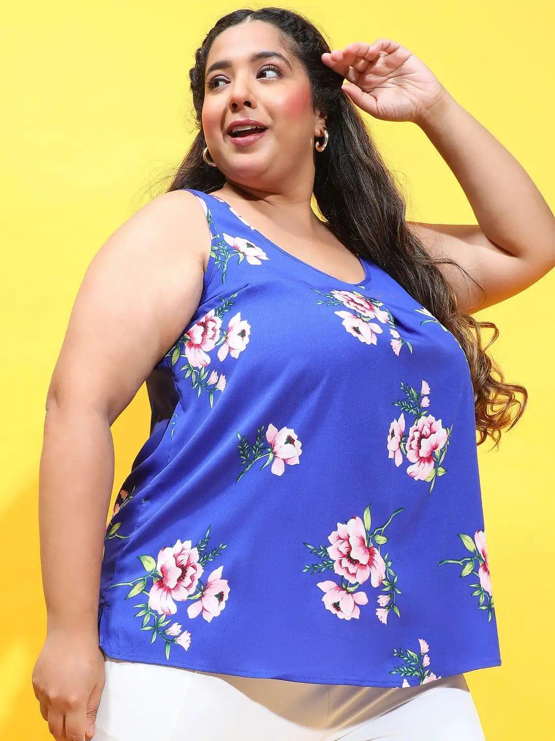 Plus Size Blue Floral Print Top