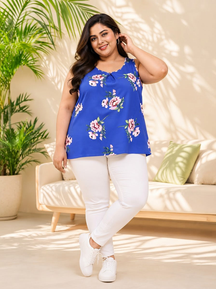 Plus Size Blue Floral Print Top
