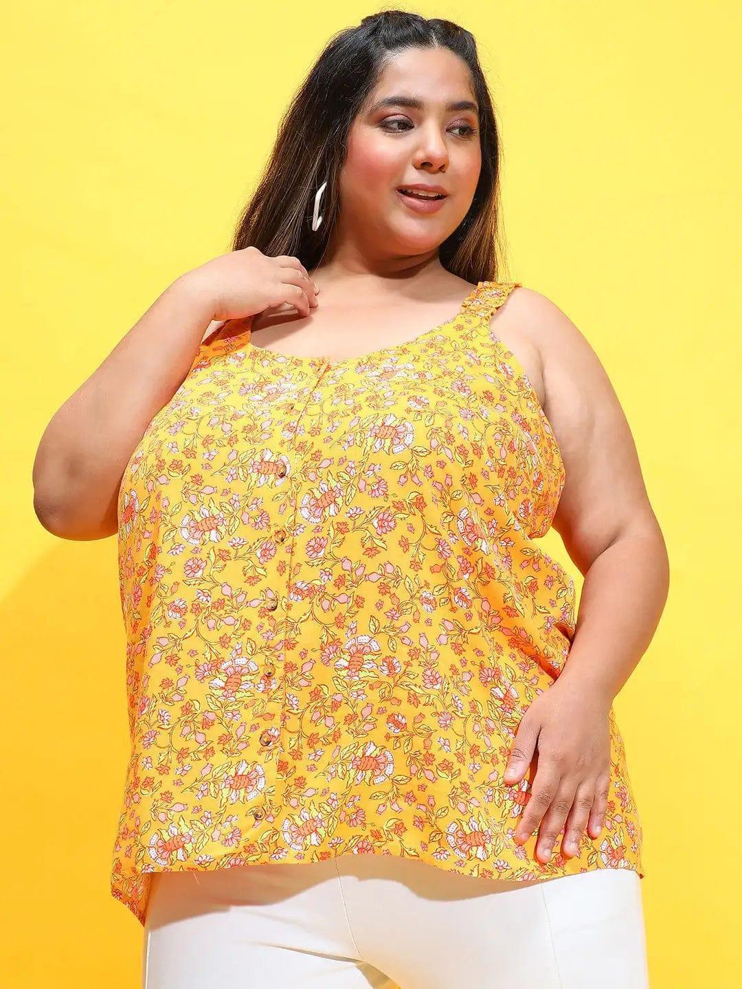 Dark Yellow Floral Print Sleeveless Button Down Plus Size Loopy Top - oxolloxo