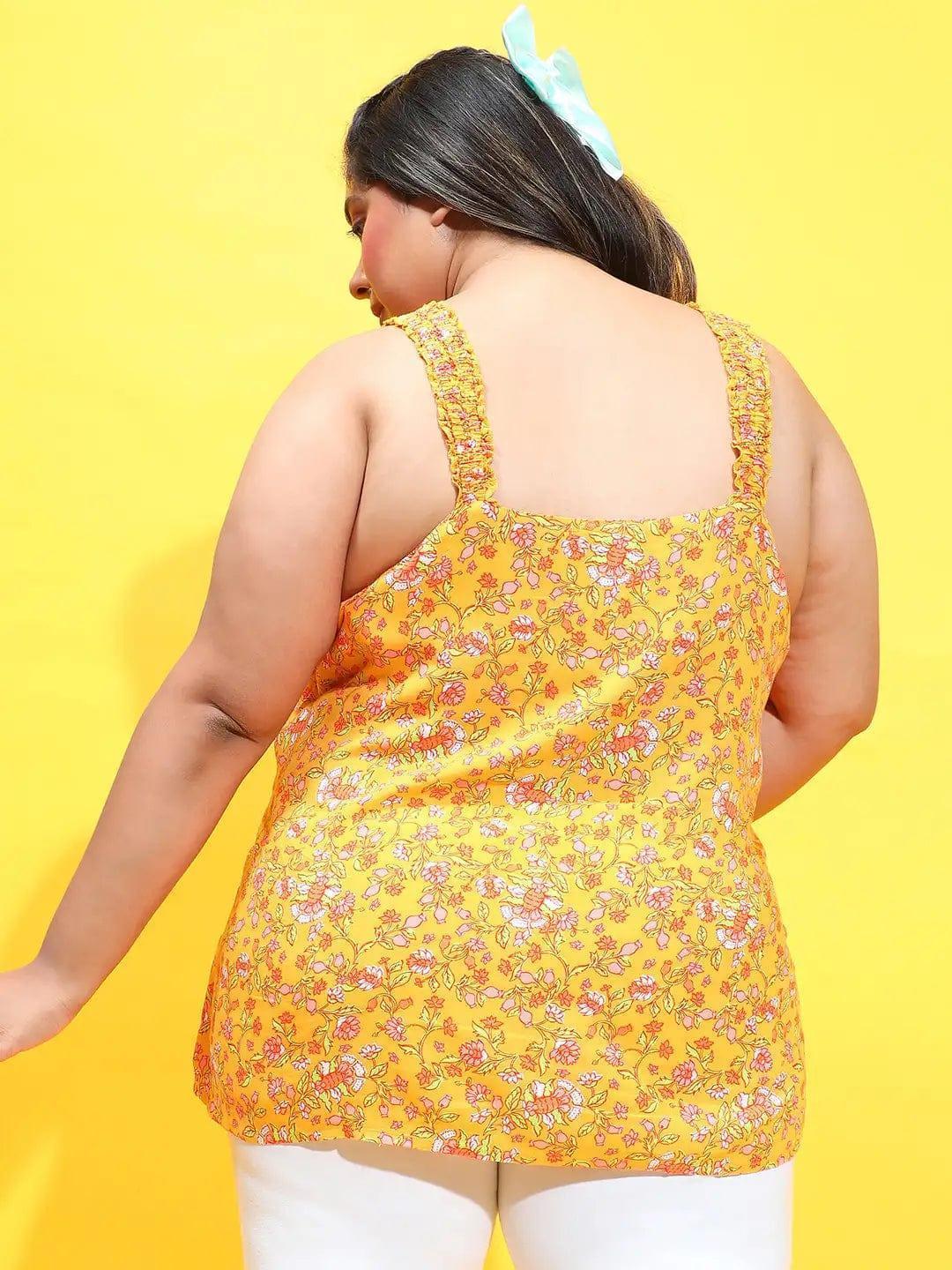 Dark Yellow Floral Print Sleeveless Button Down Plus Size Loopy Top - oxolloxo