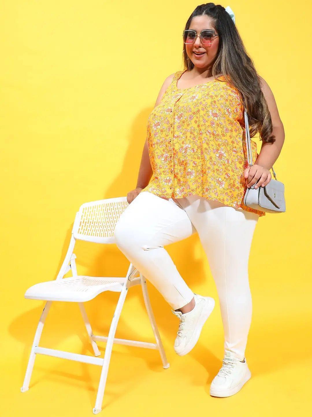 Dark Yellow Floral Print Sleeveless Button Down Plus Size Loopy Top - oxolloxo