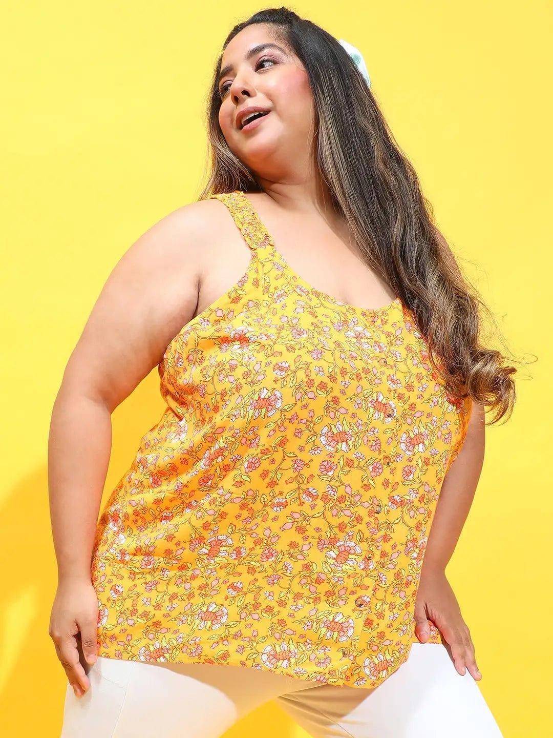 Dark Yellow Floral Print Sleeveless Button Down Plus Size Loopy Top - oxolloxo