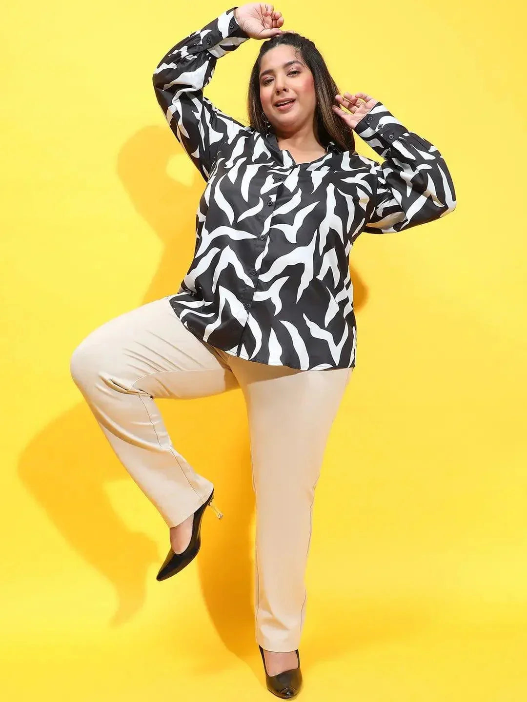 Focused Black Printed Long Sleeve Plus Size Shirt Today - oxolloxo