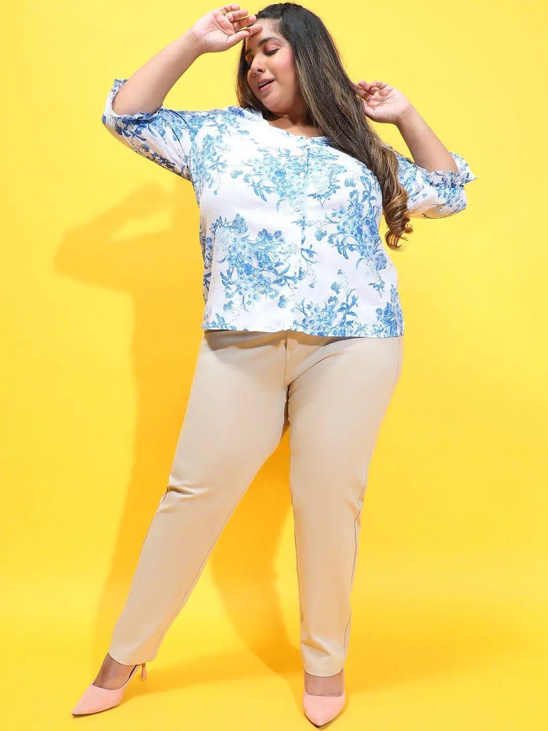 Plus Size Blue Floral Print Viscose Top